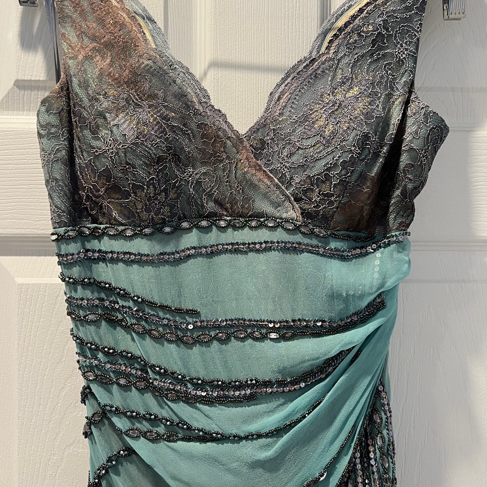 Vintage Alberto Makali Cream, Teal and Gray Silk Blend, Beaded, Lace Formal Gown - Picture 2 of 10